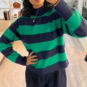 J crew green and navy striped mock neck sweater
